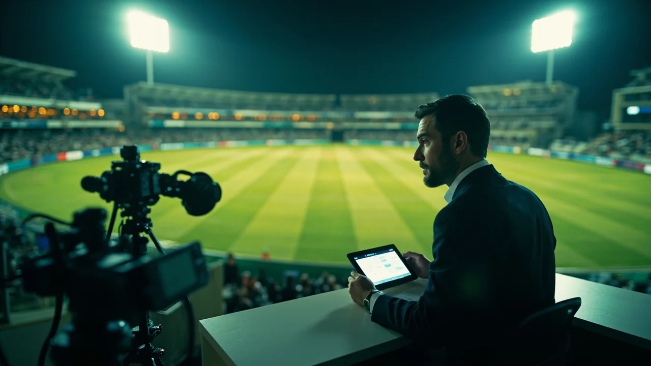 Analyst at a night stadium desk reviewing cricket tactics