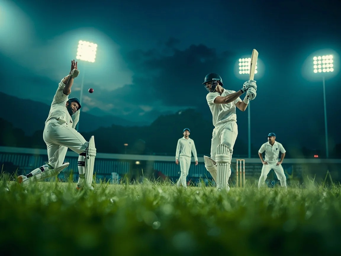 Players training under floodlights at a cricket ground