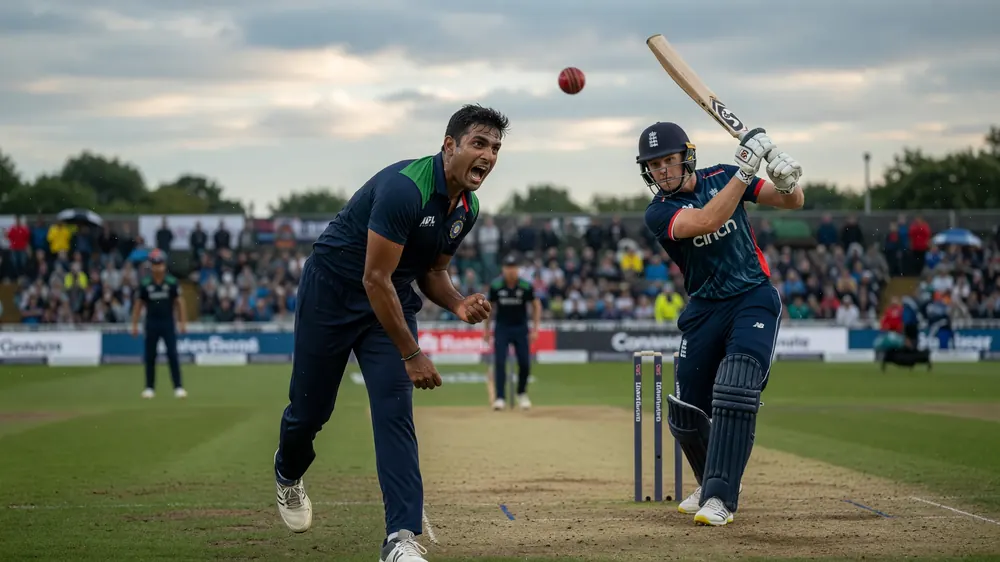 Navy bowler celebrating as a red cricket ball hangs in the air while a navy England batter plays a shot under cloudy skies