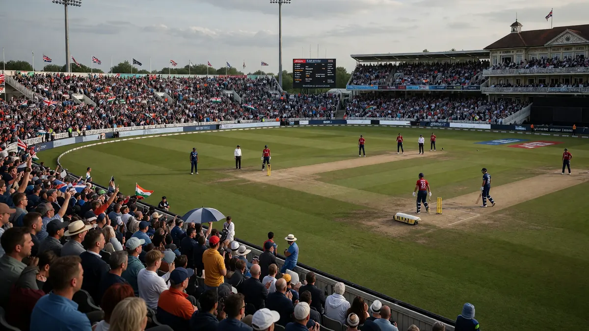 Wide view of a packed cricket ground with a cream pavilion, red and navy players on the green outfield, and flags in the crowd under overcast light