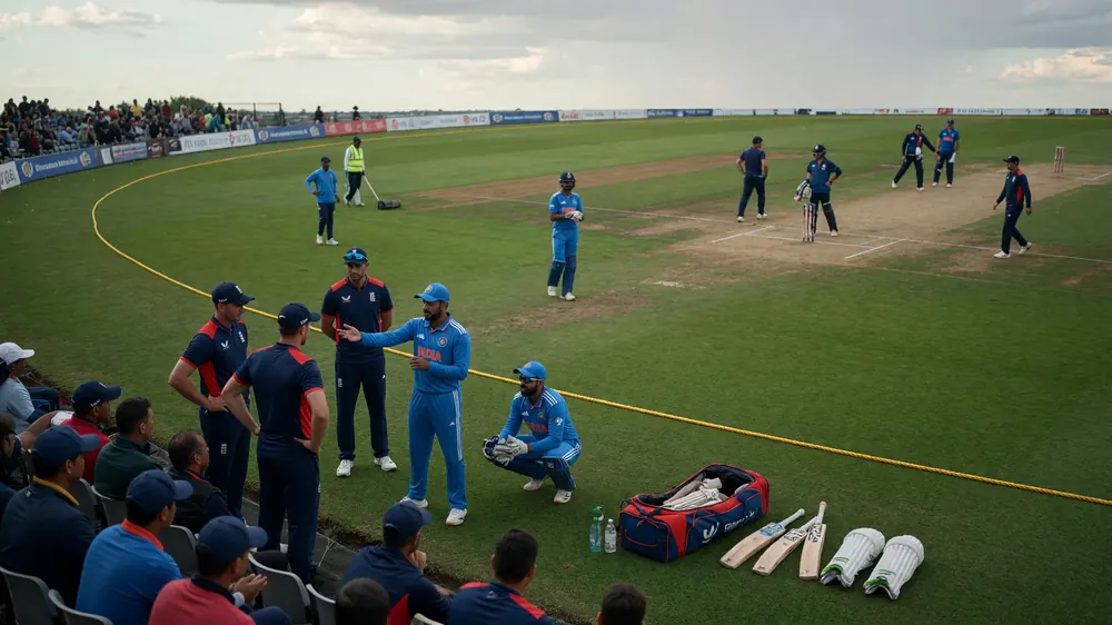 Blue-jersey India players and navy England staff talking on the boundary rope beside kit bags while play continues on the square