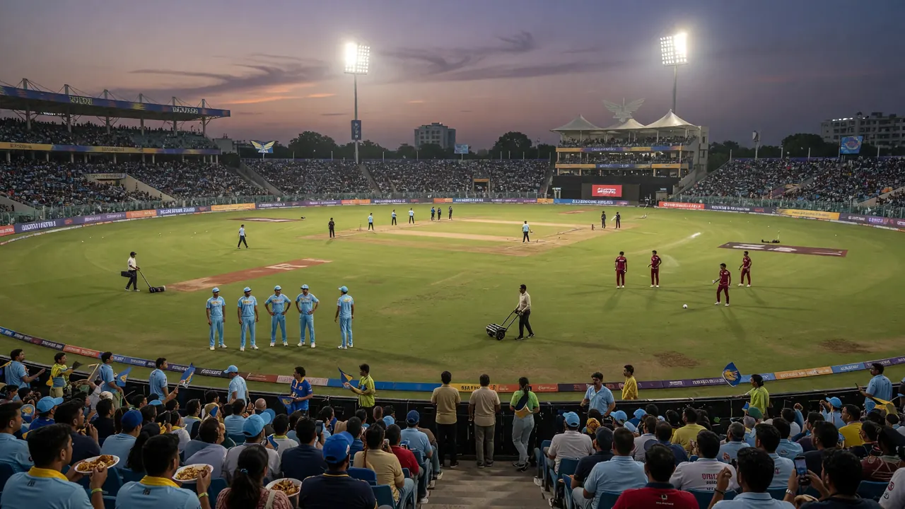 Wide night view of a packed cricket stadium with floodlights over a green outfield and full stands