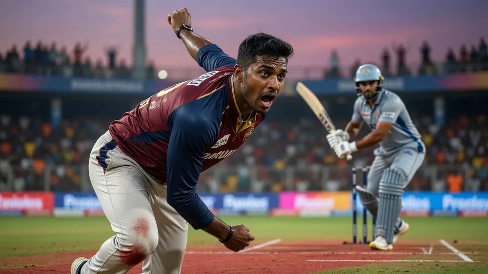 A batter in coloured kit drives through the off side under stadium lights, with the ball travelling past the inner ring