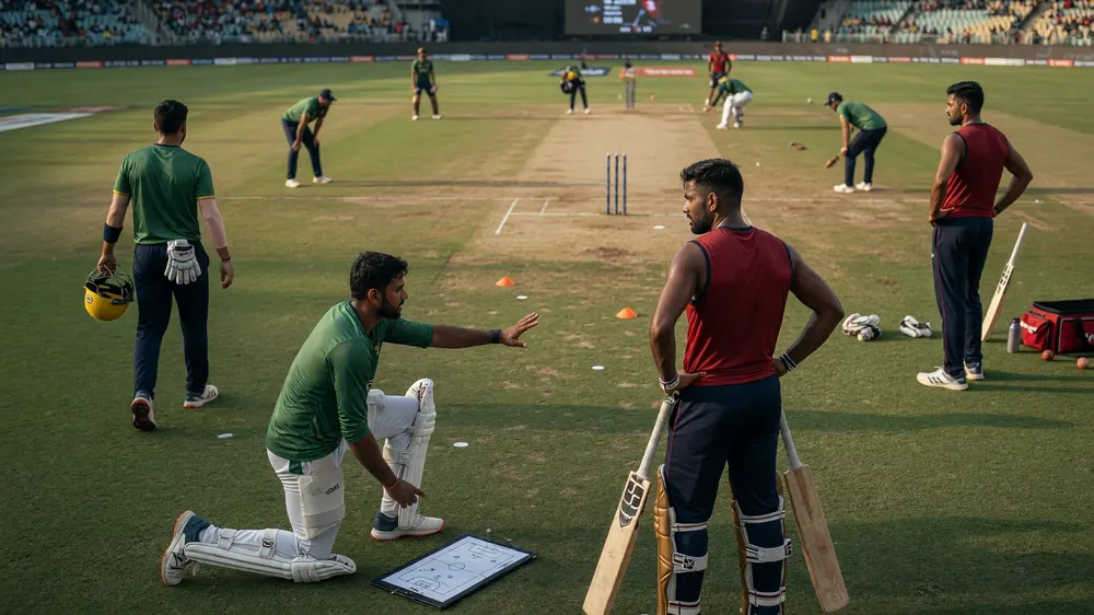 Fielders in coloured kits set a tight ring on a lit square, with the pitch and outfield markings visible under floodlights