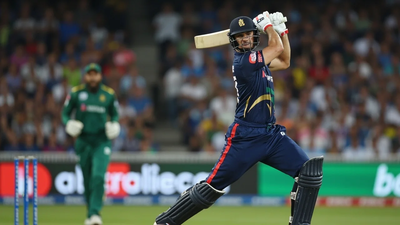A batter in coloured kit plays a high-elbow drive through the off side, with the ball travelling past the inner ring on a lit square